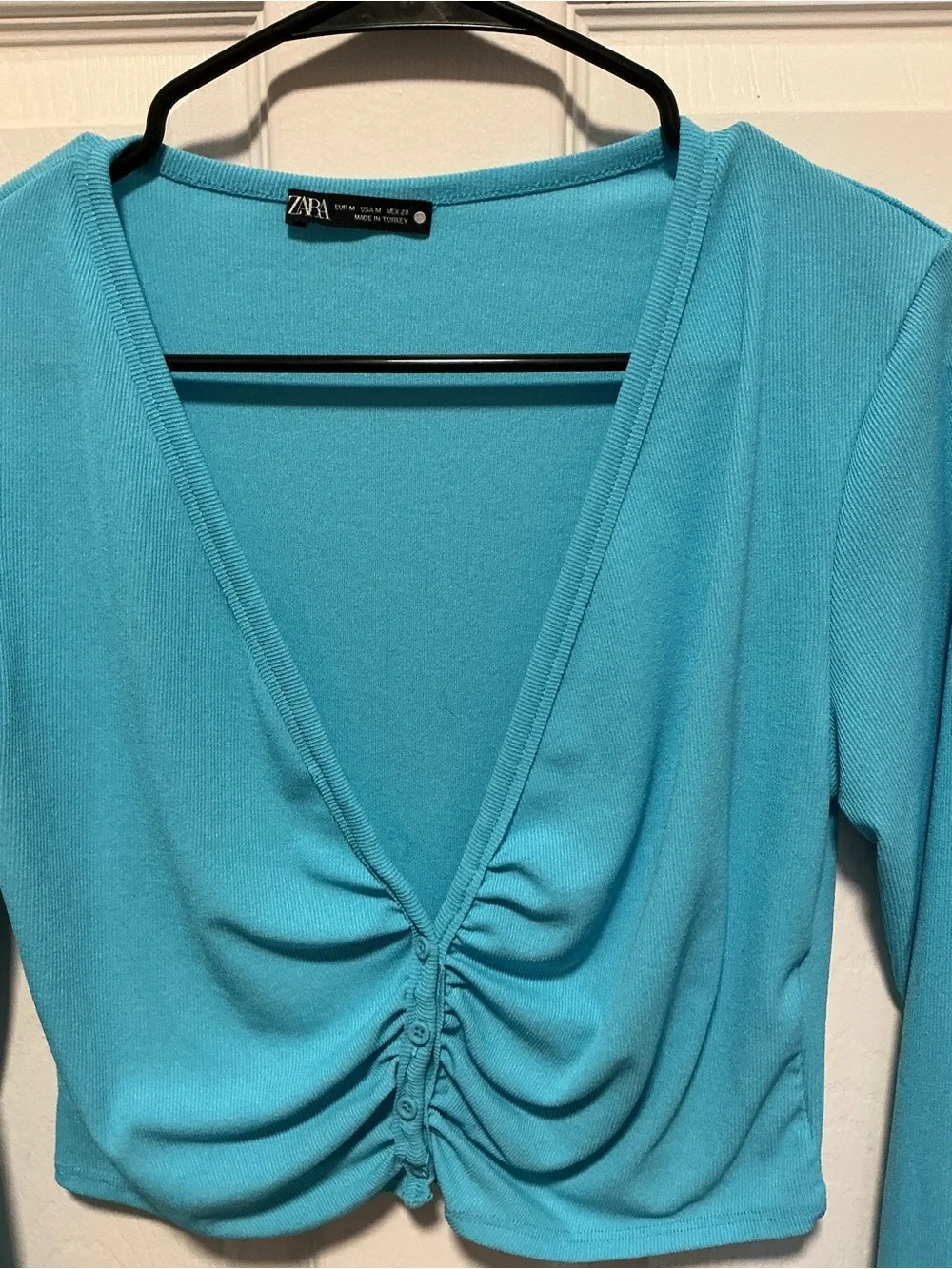 Zara Turquoise Ruched Long Sleeve Crop Top Size Medium Y2K Coquette
